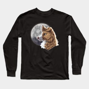 Golden Border Collie with Night Sky Full Moon Long Sleeve T-Shirt